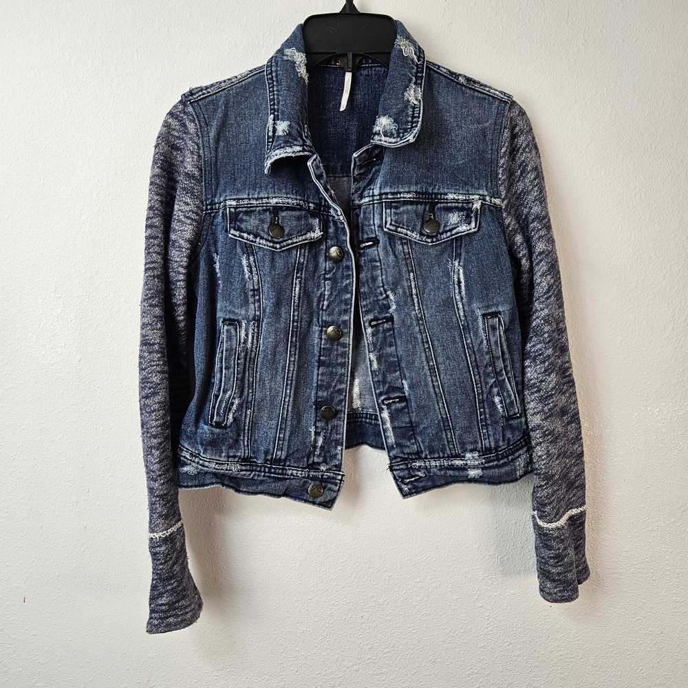 Free People Mixed Media Space Dye Knit Denim Jean Jacket Blue Size XS